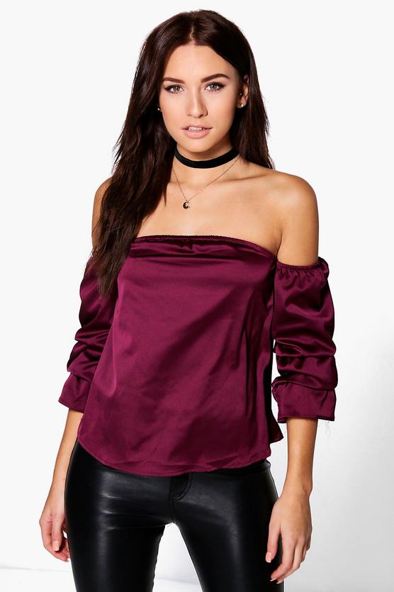 Laura Satin Ruched Sleeve Bardot Top